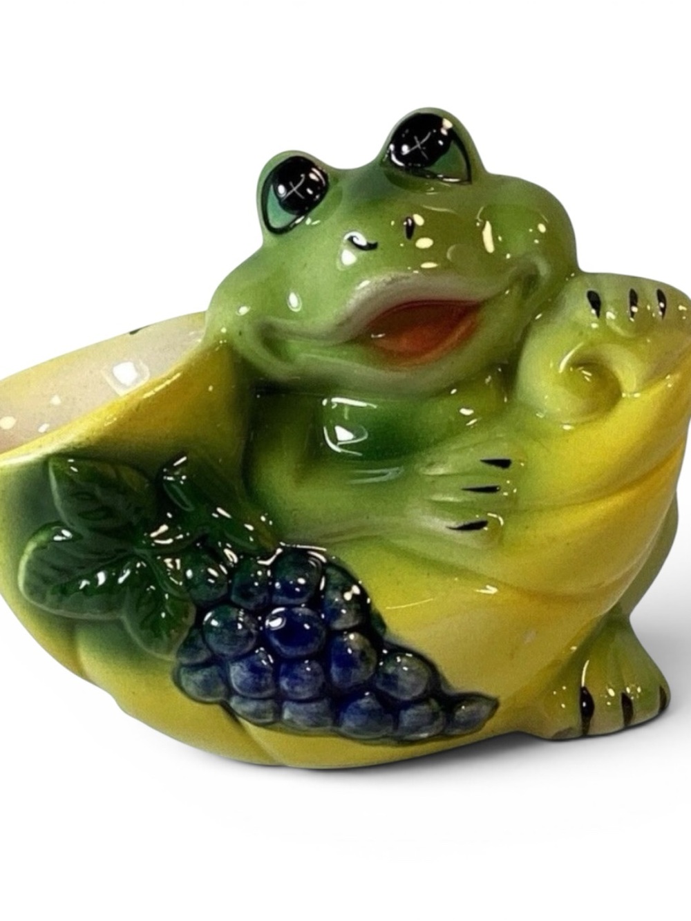 Frog Planter With Horn Of Plenty Grapes Ceramic Vintage 5.5”